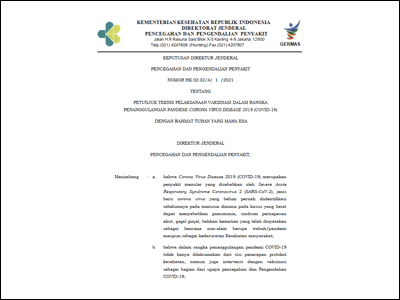 SK Dirjen Nomor HK.02.02/4/1/2021 Tentang Petunjuk Teknis Pelaksanaan Vaksinasi dalam Rangka Penanggulangan Pandemi Covid-19