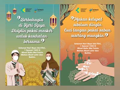 Baliho Protokol Kesehatan 5M Idul Fitri 1442H Versi Pakai Masker dan Cuci Tangan Pakai Sabun